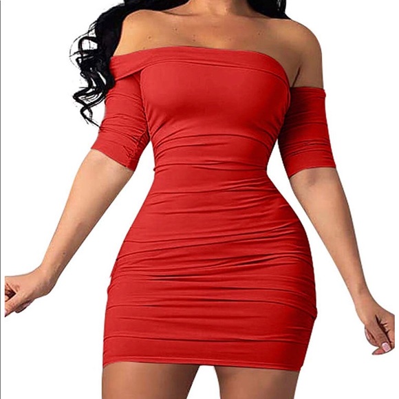 Polyester Spandex Off-shoulder Midi Dress